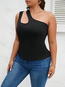 SHEIN Privé Top de un hombro con abertura tejido de canalé - Negro - Ver 6