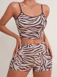 Conjunto de pijama shorts con top de tirantes de rayas de cebra unido en contraste - Multicolor - Ver 5