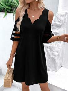 SHEIN LUNE Đầm Cắt ra Tương phản Mesh Sò điệp màu trơn Giải trí - màu đen - Xem 1