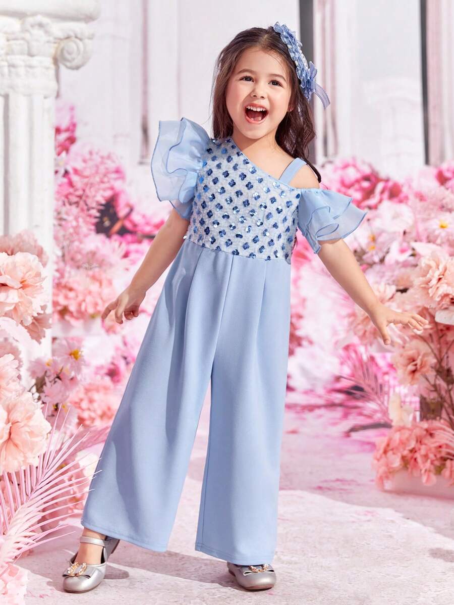 SHEIN 小女孩藍色串珠拼接寬腿連身褲,不對稱設計 - 淺藍色 - 查看 1