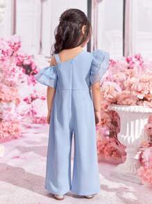 SHEIN 小女孩藍色串珠拼接寬腿連身褲,不對稱設計 - 淺藍色 - 查看 2