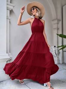 SHEIN VCAY Vestido unicolor bajo con fruncido de cuello halter de espalda abierta - Burdeos - Ver 1