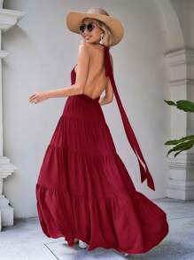 SHEIN VCAY Vestido unicolor bajo con fruncido de cuello halter de espalda abierta - Burdeos - Ver 2