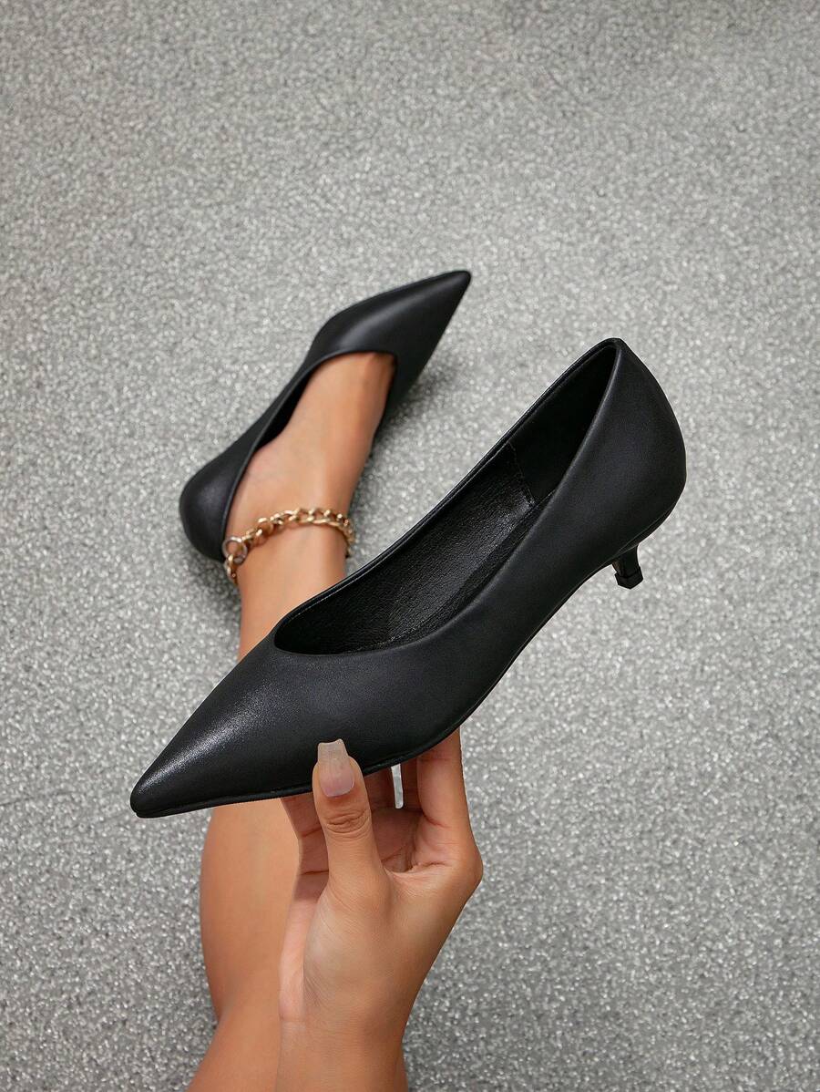 Fall/Winter Elegant Black Pumps For Women, Minimalist Point Toe Kitten Heeled Court Pumps,Elegant