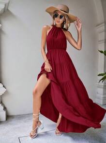 SHEIN VCAY Vestido unicolor bajo con fruncido de cuello halter de espalda abierta - Burdeos - Ver 3