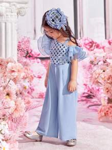 SHEIN 小女孩藍色串珠拼接寬腿連身褲,不對稱設計 - 淺藍色 - 查看 5