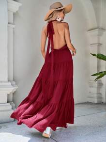 SHEIN VCAY Vestido unicolor bajo con fruncido de cuello halter de espalda abierta - Burdeos - Ver 4