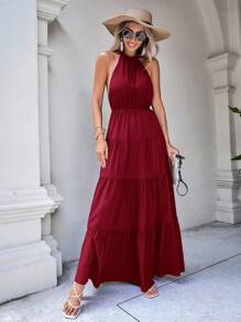 SHEIN VCAY Vestido unicolor bajo con fruncido de cuello halter de espalda abierta - Burdeos - Ver 5
