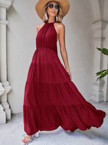 SHEIN VCAY Vestido unicolor bajo con fruncido de cuello halter de espalda abierta - Burdeos - Ver 6