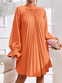 SHEIN Privé Đầm Xếp li Xù Buộc lại màu trơn Giải trí - trái cam - Xem 4