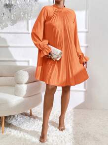 SHEIN Privé Đầm Xếp li Xù Buộc lại màu trơn Giải trí - trái cam - Xem 5