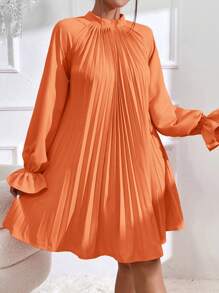 SHEIN Privé Đầm Xếp li Xù Buộc lại màu trơn Giải trí - trái cam - Xem 6