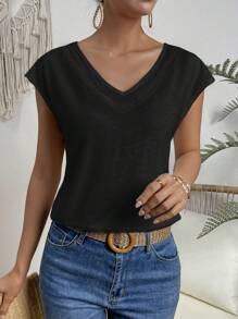 SHEIN LUNE 素色V領蝙蝠袖T恤 - 黑色 - 查看 5