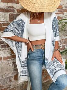 SHEIN LUNE Scarf Print Batwing Sleeve Kimono For Summer Beach Vacation - White - View 1