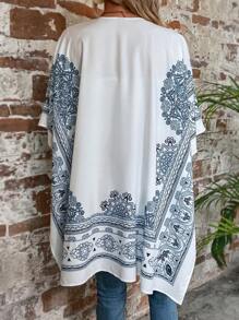 SHEIN LUNE Scarf Print Batwing Sleeve Kimono For Summer Beach Vacation - White - View 2