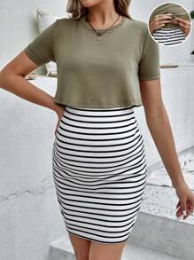 SHEIN Maternity Striped Print Nursing Bodycon Dress - Olive Green - View 3