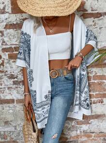 SHEIN LUNE Scarf Print Batwing Sleeve Kimono For Summer Beach Vacation - White - View 3