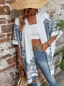SHEIN LUNE Scarf Print Batwing Sleeve Kimono For Summer Beach Vacation - White - View 5