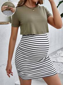 SHEIN Maternity Striped Print Nursing Bodycon Dress - Olive Green - View 1