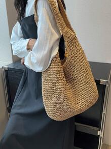 Túi Rơm Tối Giản Tay Cầm Đôi Kỳ Nghỉ Trung Bình - Màu Khaki - Xem 3