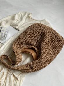 Túi Rơm Tối Giản Tay Cầm Đôi Kỳ Nghỉ Trung Bình - Màu Khaki - Xem 4