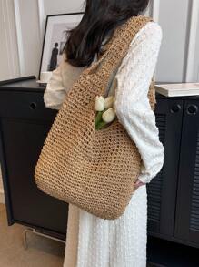 Túi Rơm Tối Giản Tay Cầm Đôi Kỳ Nghỉ Trung Bình - Màu Khaki - Xem 5