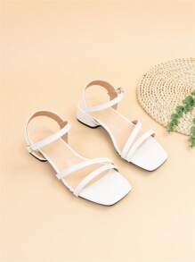 Elegant White Sandals For Women, Wide Fit Chunky Heeled Ankle Strap Sandals - White - View 1
