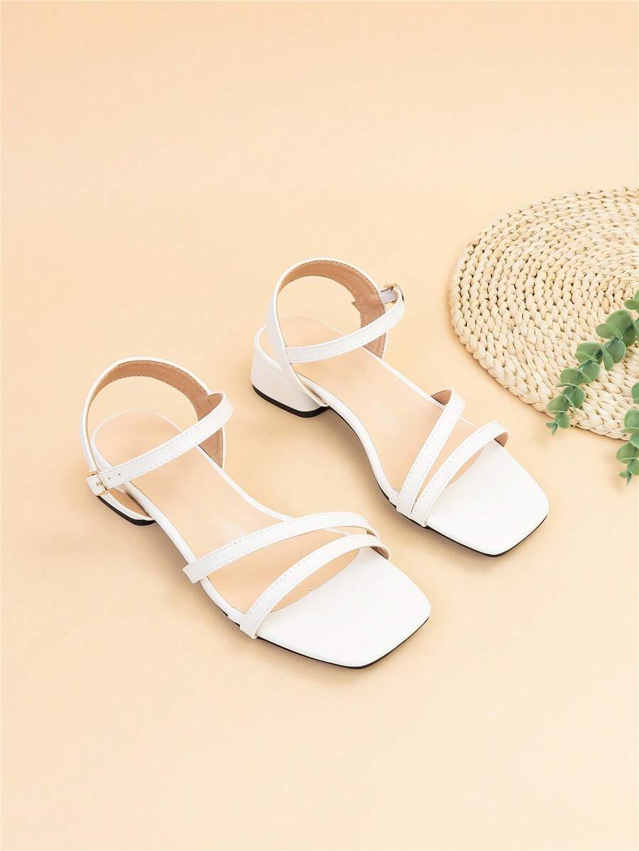 Elegant White Sandals For Women, Wide Fit Chunky Heeled Ankle Strap Sandals - White - View 1