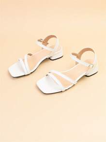 Elegant White Sandals For Women, Wide Fit Chunky Heeled Ankle Strap Sandals - White - View 2