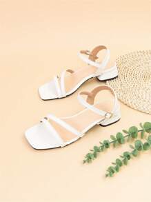 Elegant White Sandals For Women, Wide Fit Chunky Heeled Ankle Strap Sandals - White - View 3