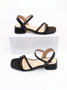 優雅黑色涼鞋適用於女士寬版粗跟踝帶平底涼鞋 - 黑色 - 查看 6