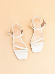 Elegant White Sandals For Women, Wide Fit Chunky Heeled Ankle Strap Sandals - White - View 6