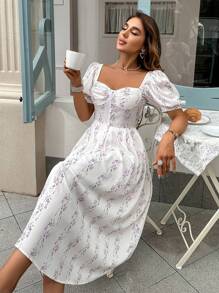 GENKIRA Ditsy Floral Print Sweetheart Neck Puff Sleeve Dress - Mauve Purple - View 1