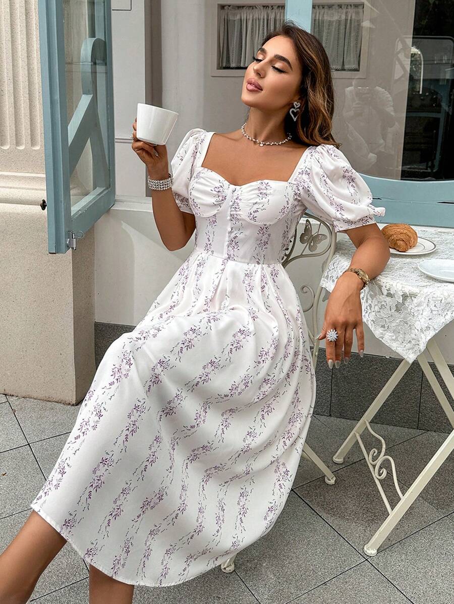 GENKIRA Ditsy Floral Print Sweetheart Neck Puff Sleeve Dress - Mauve Purple - View 1