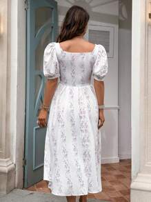 GENKIRA Ditsy Floral Print Sweetheart Neck Puff Sleeve Dress - Mauve Purple - View 2