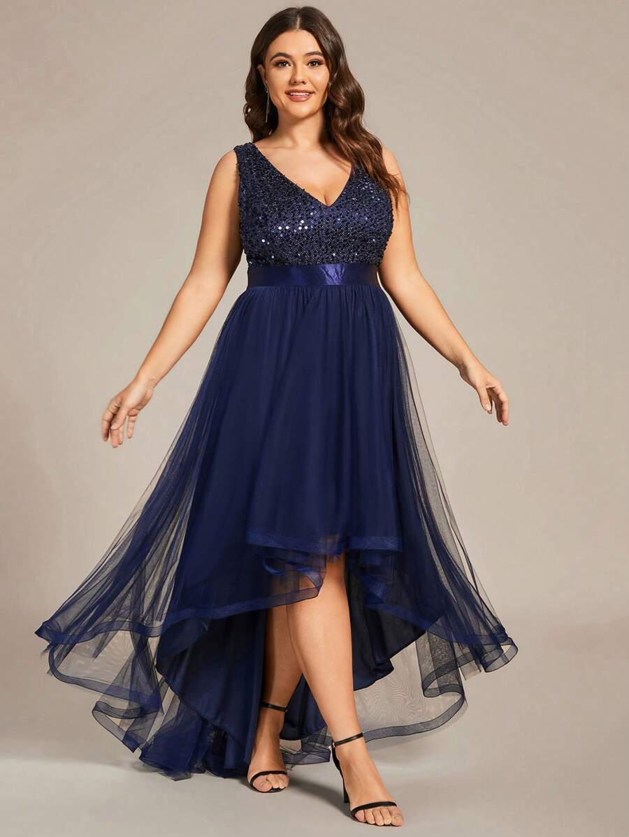 Plus Contrast Sequin High Low Hem Mesh Bridesmaid Dress - Navy Blue - View 1