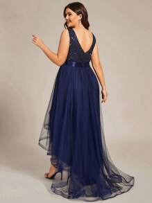 Plus Contrast Sequin High Low Hem Mesh Bridesmaid Dress - Navy Blue - View 2