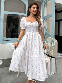 GENKIRA Ditsy Floral Print Sweetheart Neck Puff Sleeve Dress - Mauve Purple - View 6