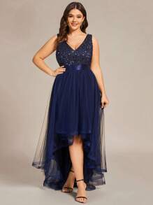 Plus Contrast Sequin High Low Hem Mesh Bridesmaid Dress - Navy Blue - View 3