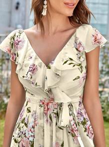 UNITHORSE Elegant Chiffon Floral Print Dress - Yellow - View 3