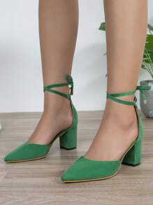 Fashion Green Pumps For Women, Faux Suede Point Toe Chunky Heeled Ankle Strap Pumps - Green - View 2
