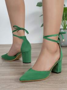 Fashion Green Pumps For Women, Faux Suede Point Toe Chunky Heeled Ankle Strap Pumps - Green - View 5