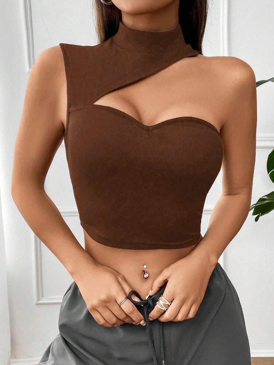 SHEIN ICON Top crop con abertura de cuello asimétrico - Marrón Chocolate - Ver 1