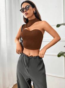 SHEIN ICON Top crop con abertura de cuello asimétrico - Marrón Chocolate - Ver 3
