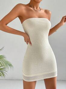 SHEIN Essnce Solid Tube Bodycon Dress - Beige - View 4