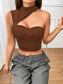 SHEIN ICON Top crop con abertura de cuello asimétrico - Marrón Chocolate - Ver 4