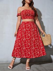 SHEIN Privé 大碼碎花一字肩短款上衣和半身裙 - 紅色 - 查看 2