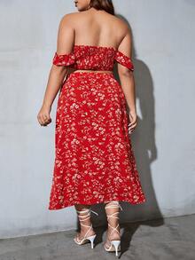 SHEIN Privé 大碼碎花一字肩短款上衣和半身裙 - 紅色 - 查看 3