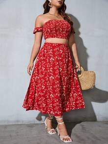 SHEIN Privé 大碼碎花一字肩短款上衣和半身裙 - 紅色 - 查看 4