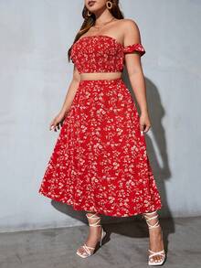 SHEIN Privé 大碼碎花一字肩短款上衣和半身裙 - 紅色 - 查看 5